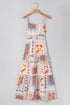 Orange Multi Printed Ricrac Trim Spaghetti Straps Maxi Dress